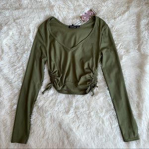 Boohoo olive crop top with ruched sides